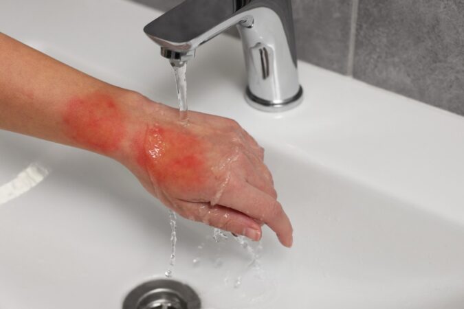 Forearm with red, irritated burn being rinsed under a running faucet in a sink