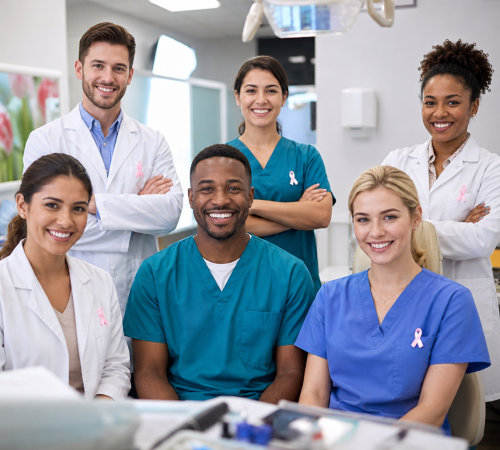 Diverse group of healthcare professionals smiling in a hospital room, wearing scrubs and pink ribbons for awareness.
